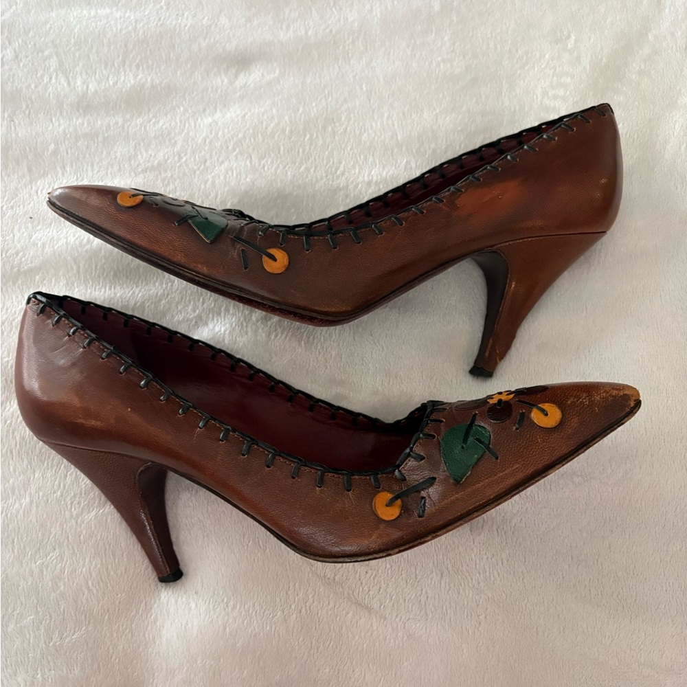 PRADA | Vintage Brown Red‎ Leather Floral Stitch Appliqué Pointed Pumps EU 37.5 - Picture 12 of 14